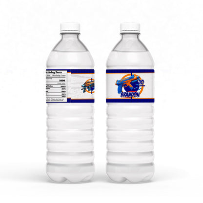 Water bottle label with a Nerf theme, adding a fun touch to your beverages.