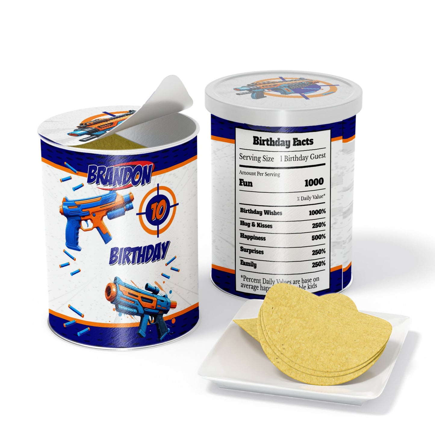 Small Pringles 1.37oz can label with a Nerf theme, customizing your party snacks.