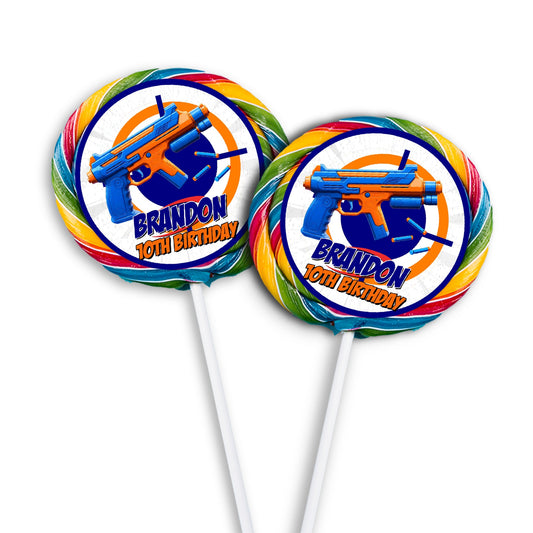 Lollipop label with a Nerf theme, making your lollipops stand out.