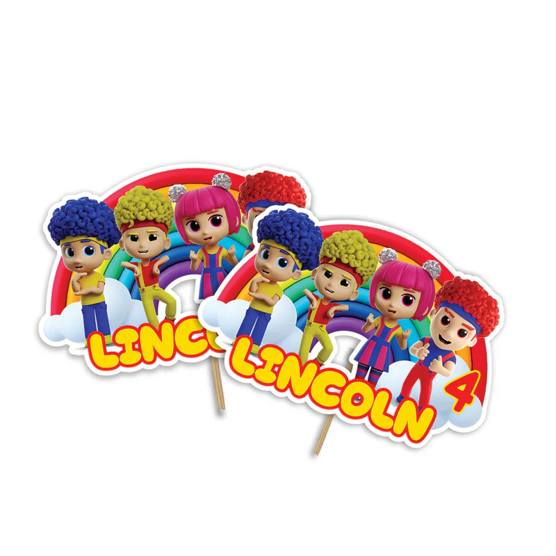 D Billions personalized cake toppers with fun kids characters and bright colors, cardstock toppers on white background