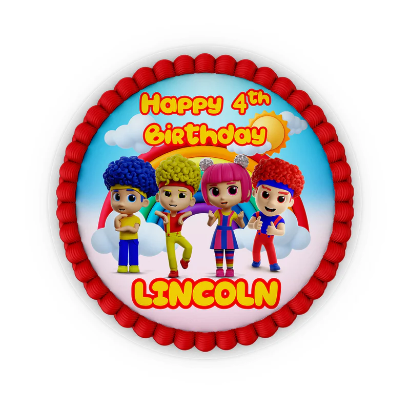 D Billions personalized edible icing cake images with colorful character graphics and bright tones, frosting sheets on white background