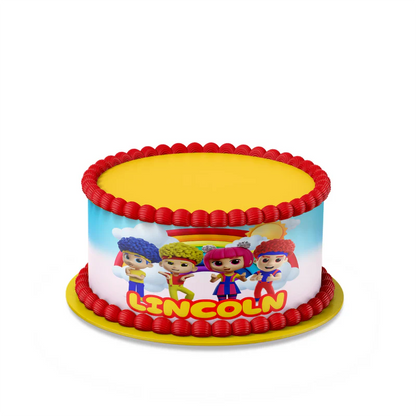 D Billions personalized cake strips with colorful character pattern and bold tones, wrap style cake decoration on white background