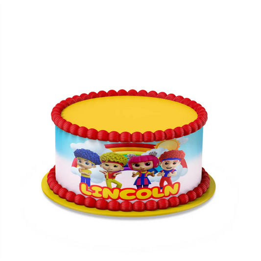 D Billions personalized cake strips with colorful character pattern and bold tones, wrap style cake decoration on white background