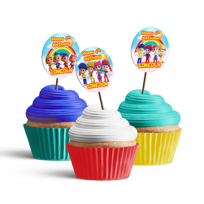 D Billions personalized cupcake toppers with colorful characters and bright tones, round toppers arranged on white background