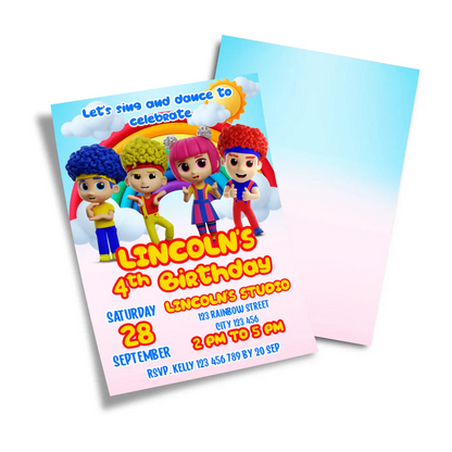 D Billions personalized birthday card invitations with kids theme graphics and bright colors, flat lay card on white background