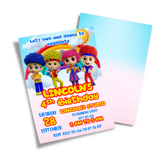 D Billions personalized birthday card invitations with kids theme graphics and bright colors, flat lay card on white background