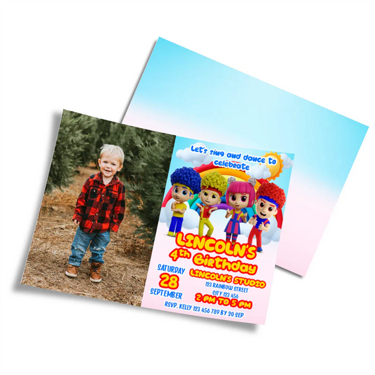 D Billions personalized photo card invitations with colorful design and photo space, displayed on white background