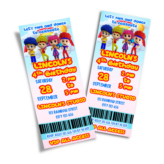 D Billions personalized birthday ticket invitations with kids theme graphics and bold layout, ticket style on white background