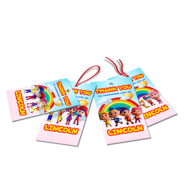 D Billions thank you tags with colorful characters and bright tones, favor tags arranged on white background