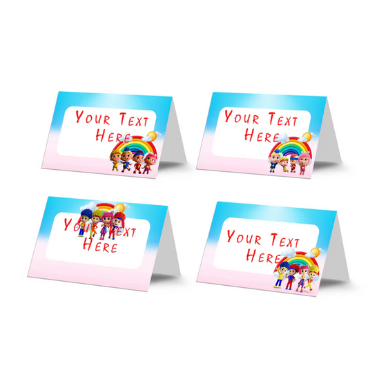 D Billions food cards with kids theme graphics and bright colors, tent style table cards on white background