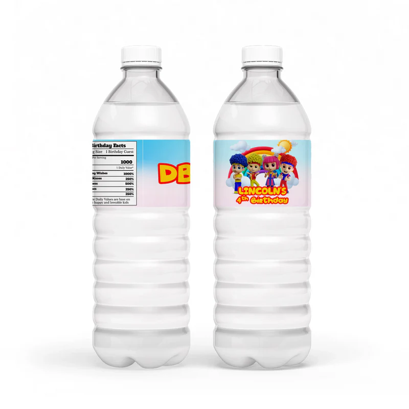 D Billions water bottle label with colorful character pattern and bright tones, wrap label displayed on white background