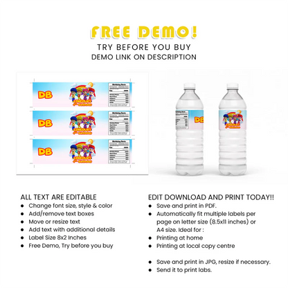 D Billions Water Bottle Label Kids Party Drink Wraps