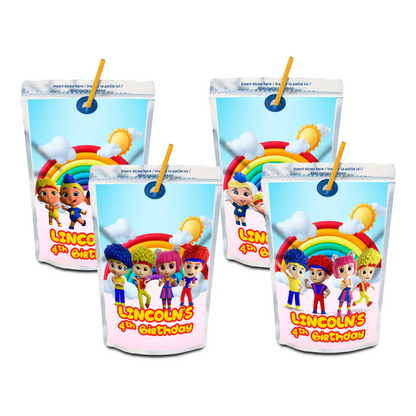 D Billions juice pouch label with kids theme graphics and bold colors, rectangular label on white background