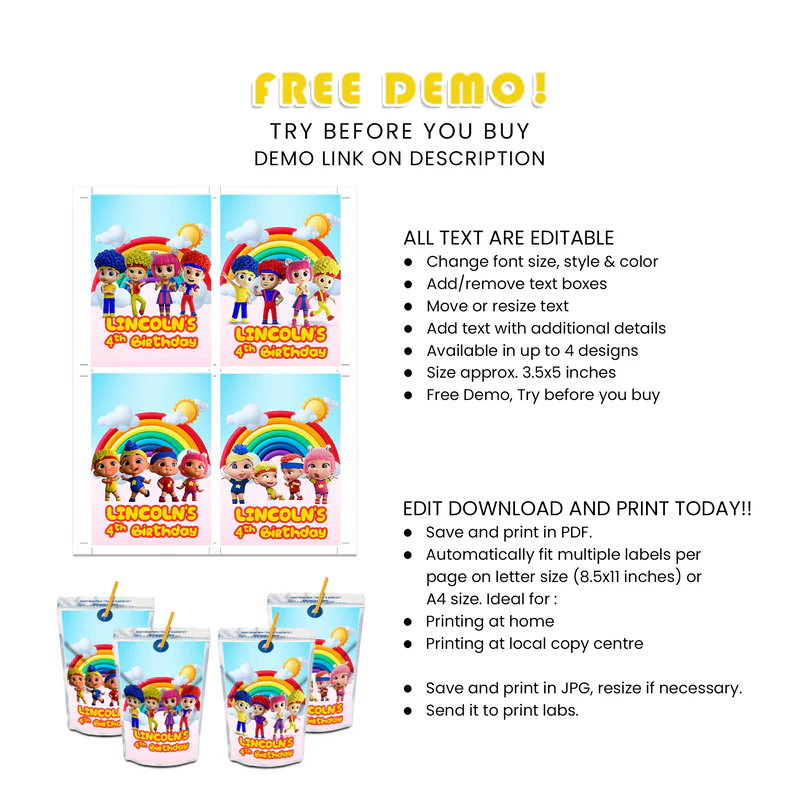 D Billions Juice Pouch Label Party Drink Labels Kids Theme