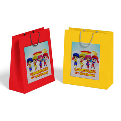 D Billions goodie bag label with kids theme graphics and bold colors, favor bag label on white background