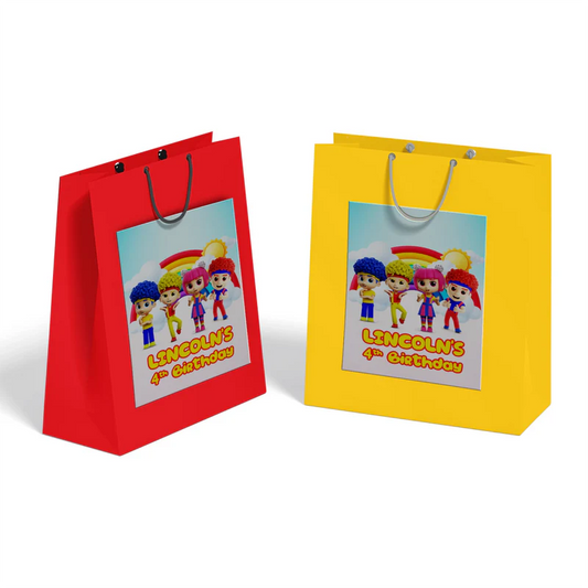 D Billions goodie bag label with kids theme graphics and bold colors, favor bag label on white background
