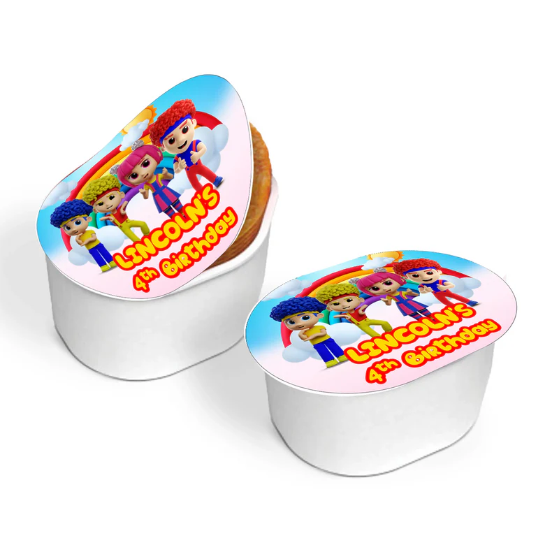 D Billions mini Pringles label with kids theme graphics and bold colors, small wrap label on white background