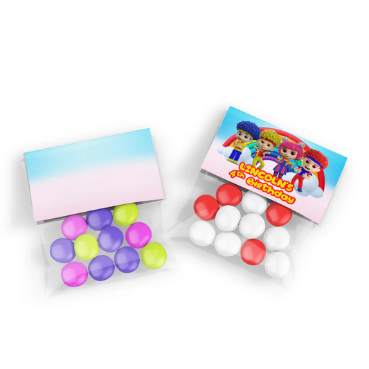 D Billions treat bag topper label with colorful design and bright tones, folded topper on white background