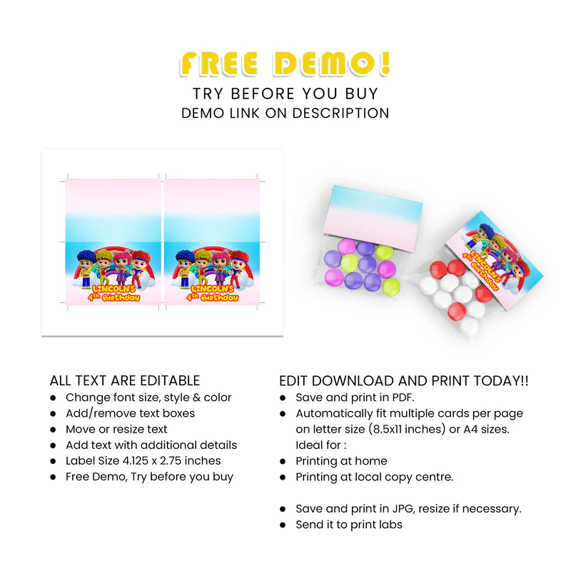 D Billions Treat Bag Topper Label Party Favor Toppers