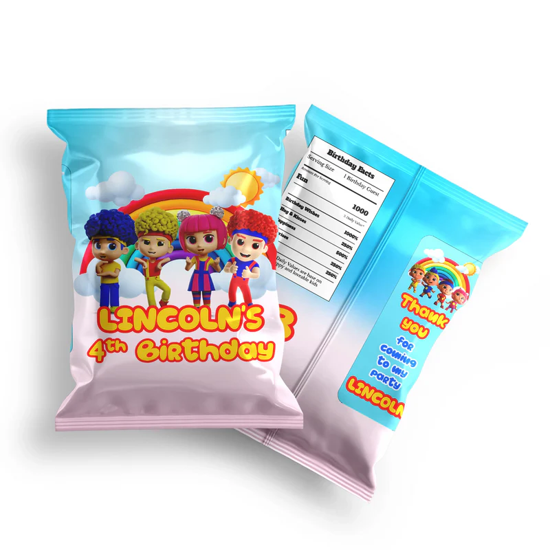 D Billions chips bag label with kids theme pattern and bold colors, snack bag label on white background