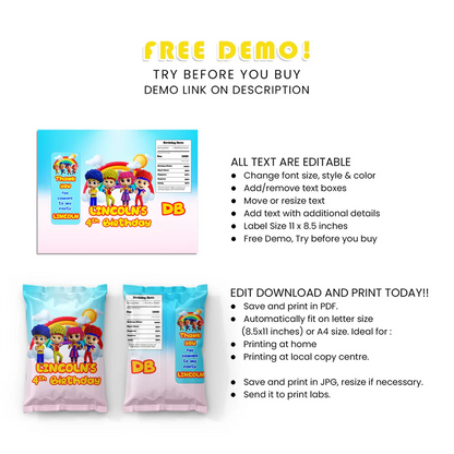 D Billions Chips Bag Label Kids Party Snack Wrap