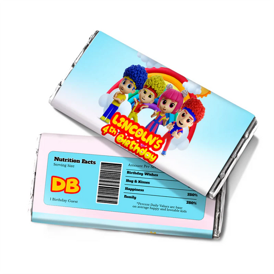 D Billions chocolate label with colorful graphics and bright tones, candy bar wrapper on white background