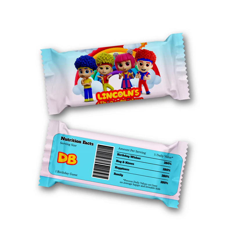 D Billions Rice Krispies treats and candy bar labels with kids theme, flat lay on white background