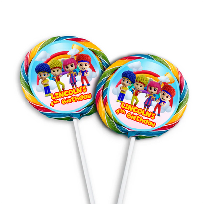 D Billions lollipop label with colorful graphics and bright tones, round candy label on white background