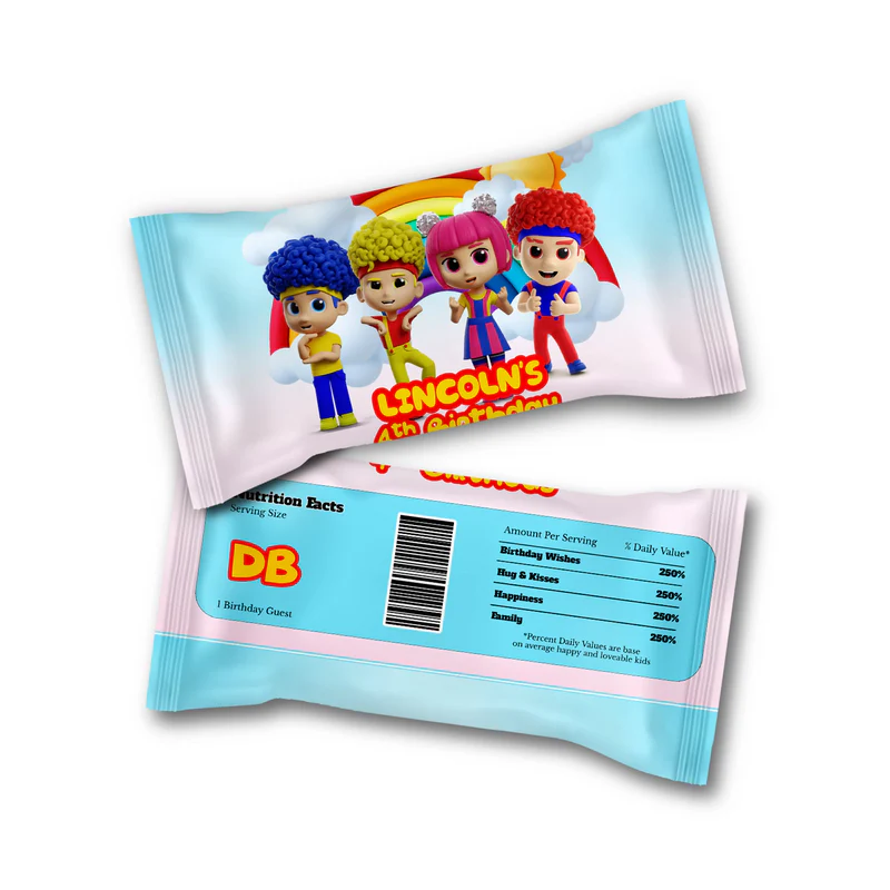 D Billions Skittles label with kids theme pattern and bold colors, candy wrap label on white background