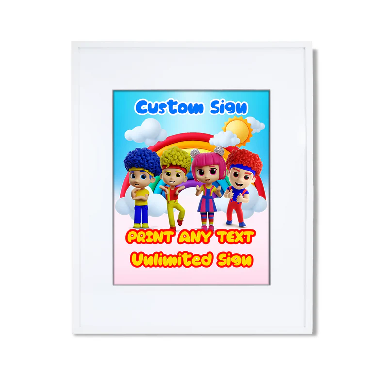 D Billions custom sign with colorful characters and bright tones, rectangular sign on white background