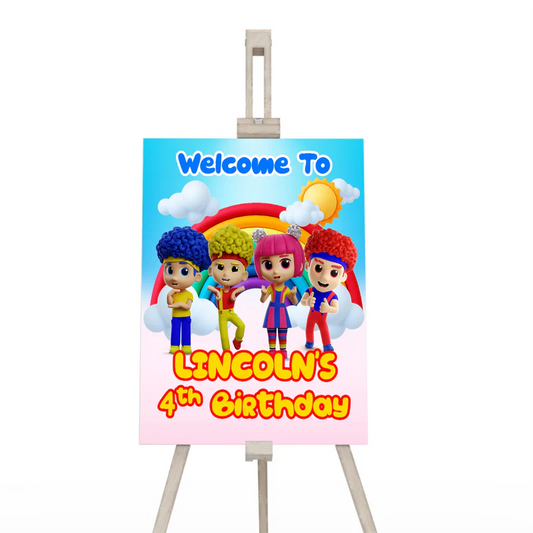 D Billions welcome sign with kids theme design and bold colors, vertical party sign on white background