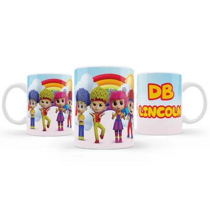 D Billions sublimation mug with colorful character graphics and bright tones, ceramic mug on white background