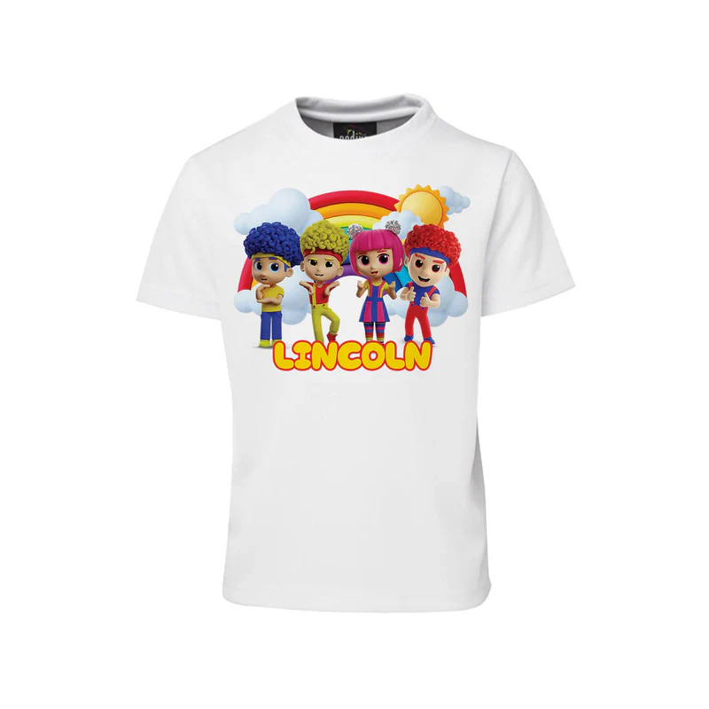 D Billions sublimation t-shirt with colorful character graphic and bright tones, shirt flat lay on white background