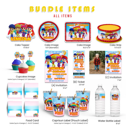 D Billions personalized digital template party pack with colorful kids theme and bright characters, flat lay on white background