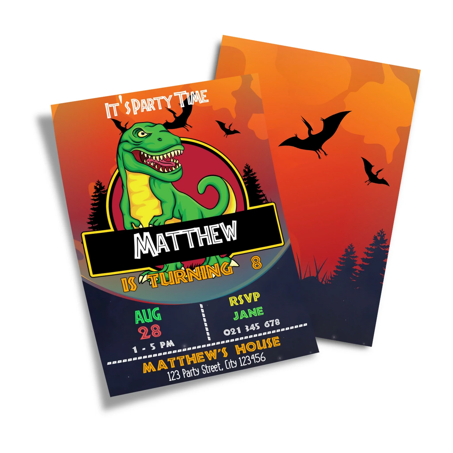 Custom Dino Jurassic World birthday card invitation design