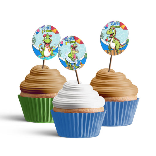 Dinosaur-themed personalized cupcake toppers for birthdays