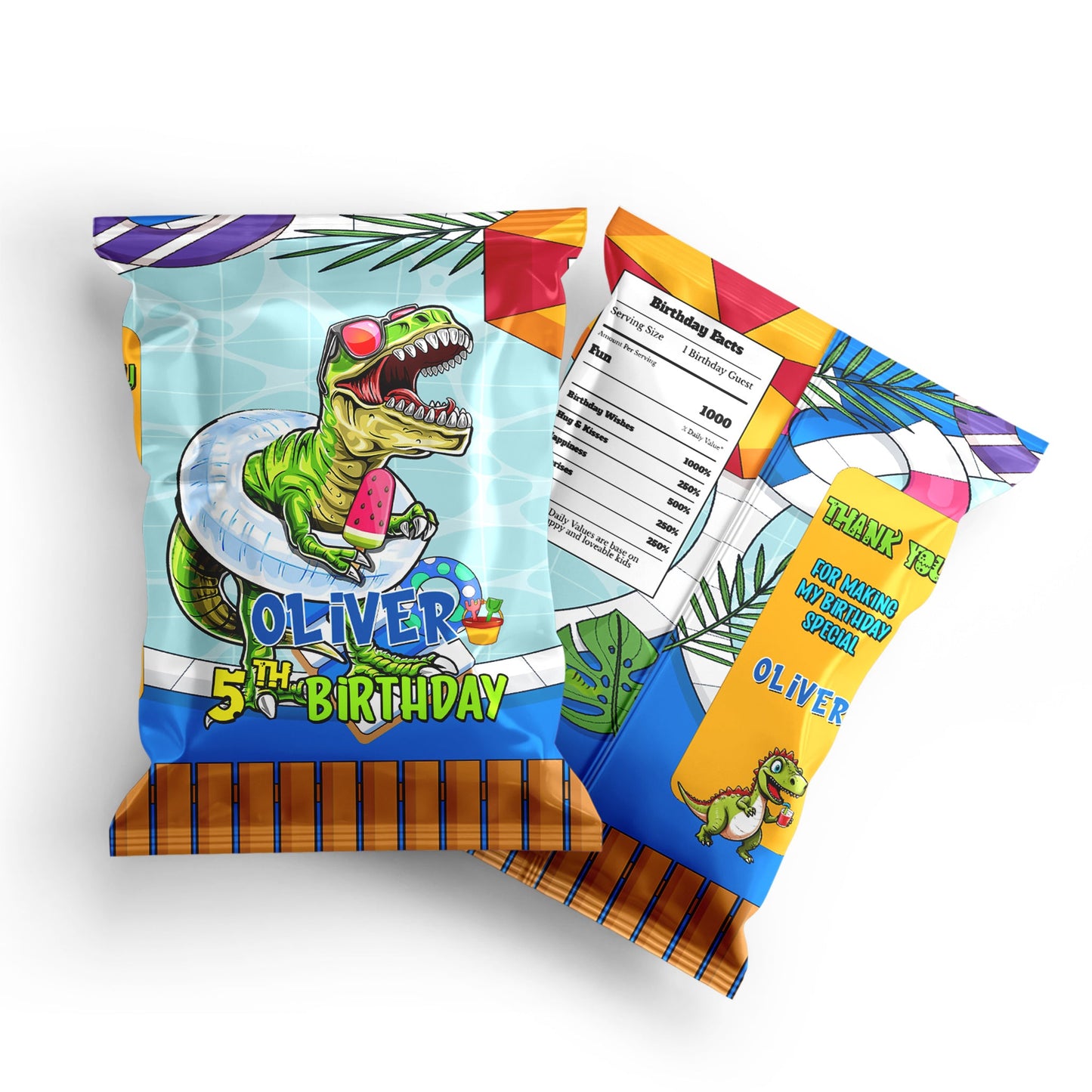 Personalized chips bag label with dinosaur illustration