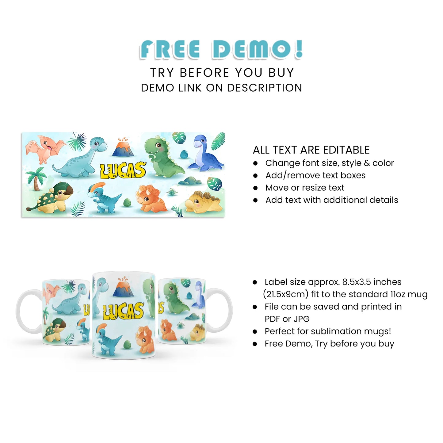 Dinosaurs for Kids Themed Sublimation Mugs