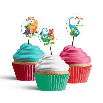 Personalized cupcake toppers designed with playful dinosaur elements and custom text 