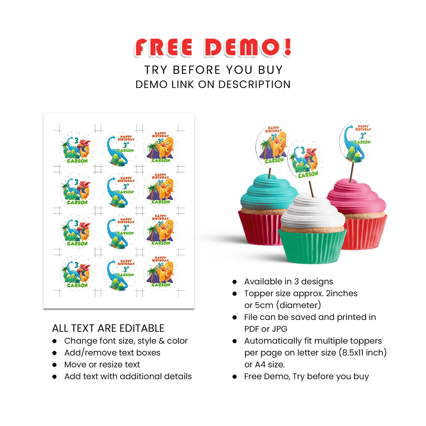 Dinosaur Personalized Cupcakes Toppers