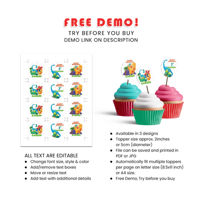 Dinosaur Personalized Cupcakes Toppers