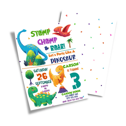 Birthday card invitation featuring a fun dinosaur theme and customizable details 