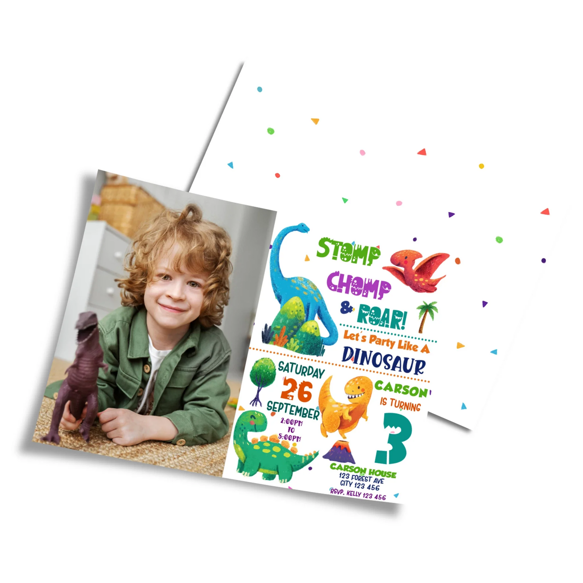 Photo card invitation with dinosaur designs and space for personal images 