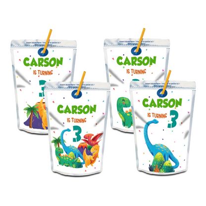 Juice pouch label showcasing fun dinosaur designs and event information 