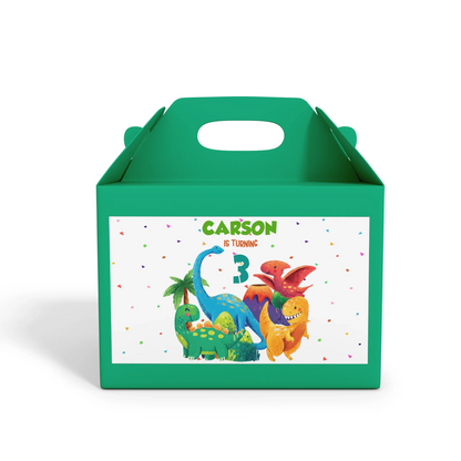 Treat box label with vibrant dinosaur graphics and customizable text 