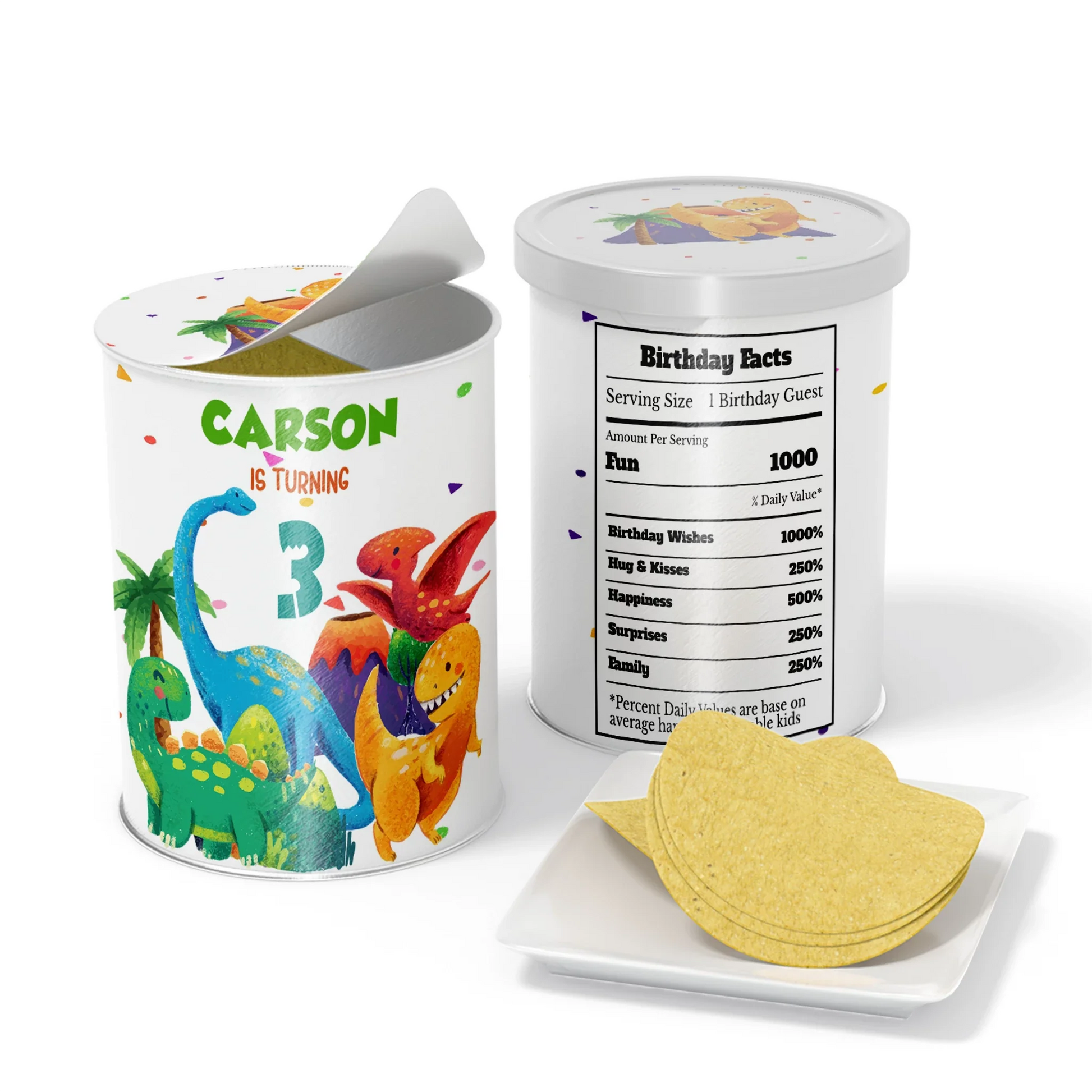 Small Pringles label featuring playful dinosaur designs and event details 