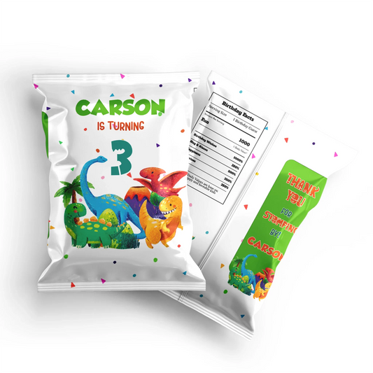 Chips bag label featuring playful dinosaur designs and customizable information 