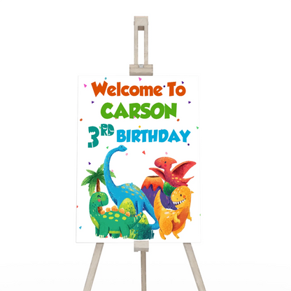 Welcome sign designed with vibrant dinosaur themes and custom text for events 