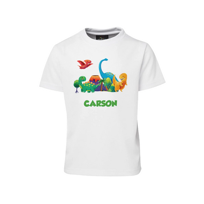 Sublimation T-shirt featuring playful dinosaur graphics and custom messages 