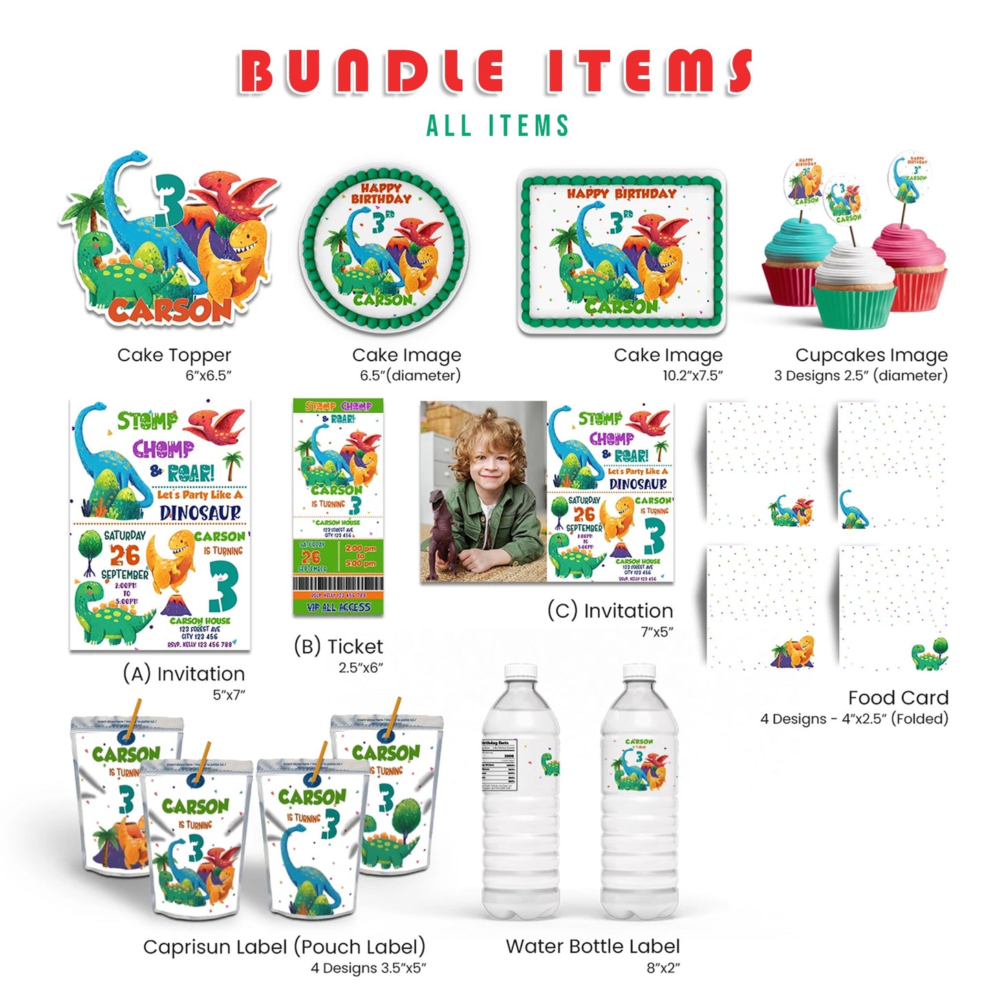 Dinosaur Personalized Digital Template Party Pack for kids birthday decorations